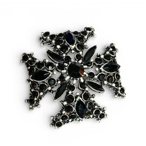 Vintage Signed Florenza Black Rhinestone Maltese Cross Brooch Gothic Pin